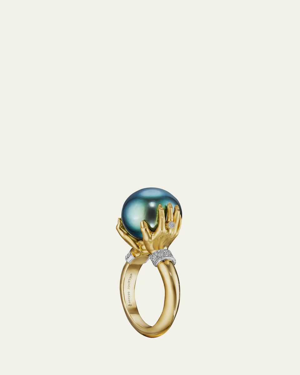 Tahitian Pearl Adorned Hands Ring in 18k Yellow Gold